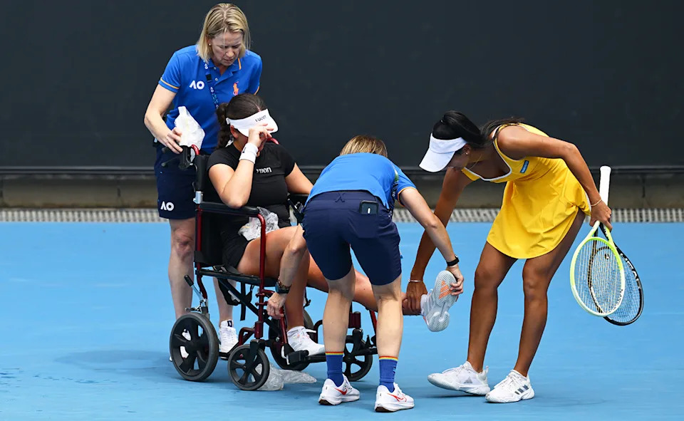 Priscilla Hon, pictured here after opponent Marina Stakusic had to retire hurt.
