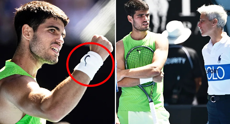 Carlos Alcaraz, pictured here wearing the 'Whoop' device under his sweat band at the Australian Open.
