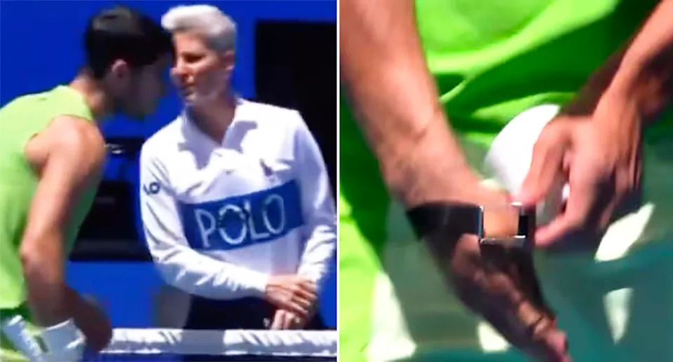 Carlos Alcaraz, pictured here being asked to remove the Whoop by the chair umpire.