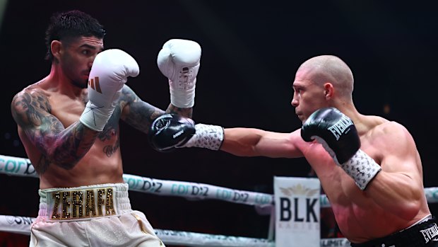 Michael Zerafa (left) and Nikita Tszyu clash in Brisbane.