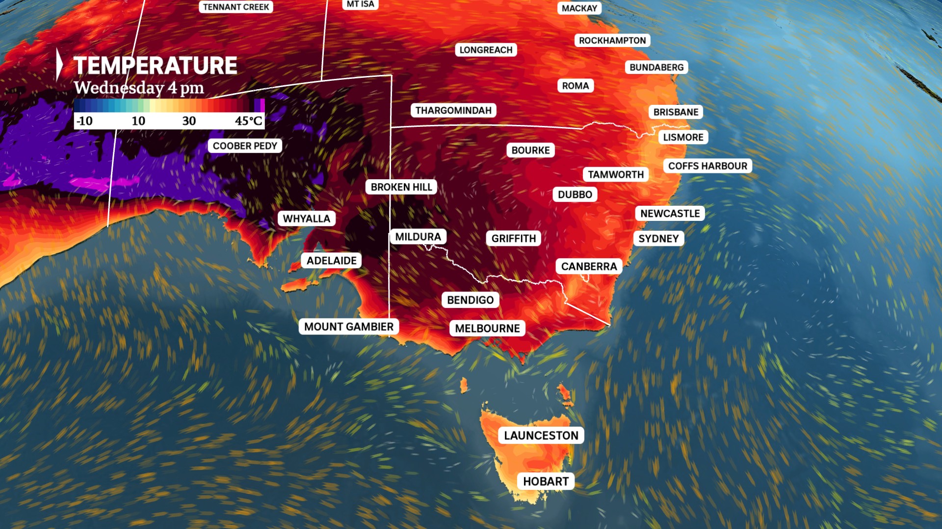 Map of Australia showing temperatures for Wednesday.