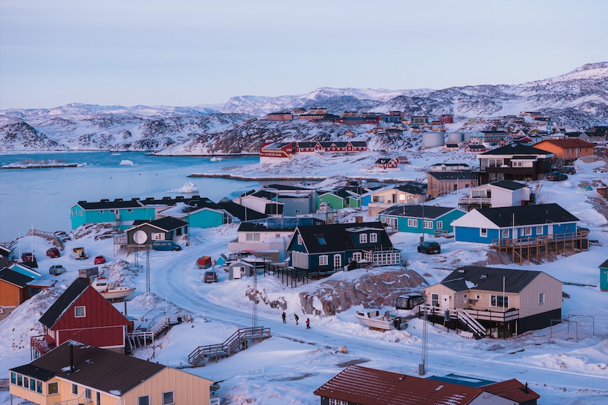 Houses in the snowy landscape in Greenland.
