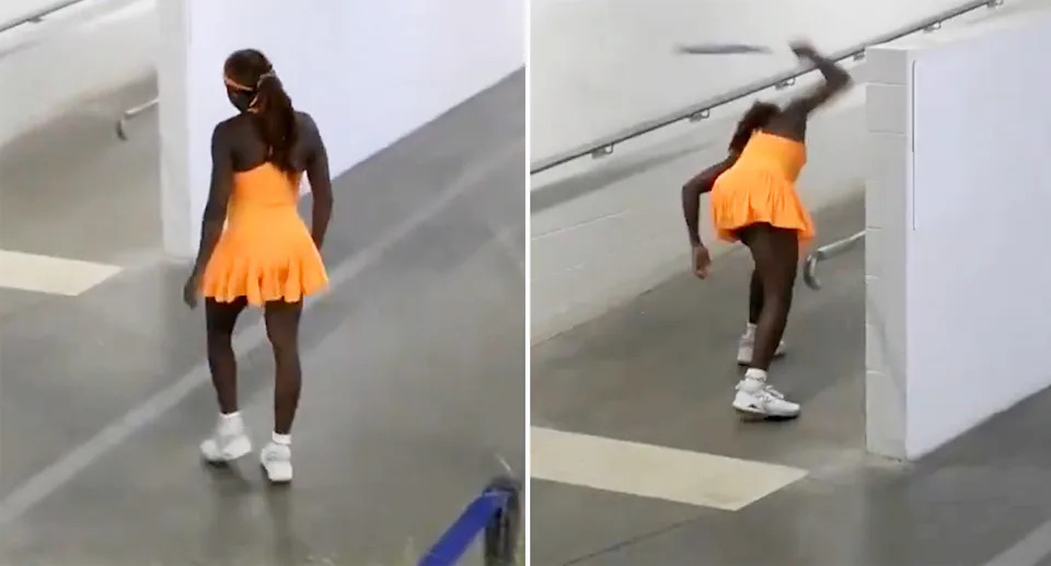 Coco Gauff, pictured here smashing her racquet behind the scenes at the Australian Open.