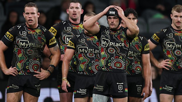 SYDNEY, AUSTRALIA - AUGUST 14: Mitch Kenny and Nathan Cleary of the Panthers look on after conceding a try during the round 24 NRL match between Penrith Panthers and Melbourne Storm at CommBank Stadium on August 14, 2025 in Sydney, Australia. (Photo by Cameron Spencer/Getty Images)