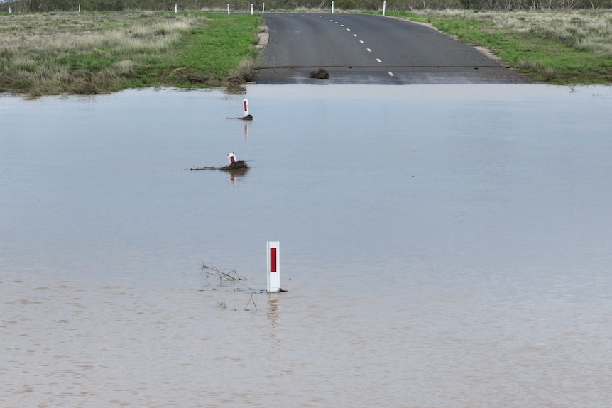 road markers nearly fully submerged by floodwater