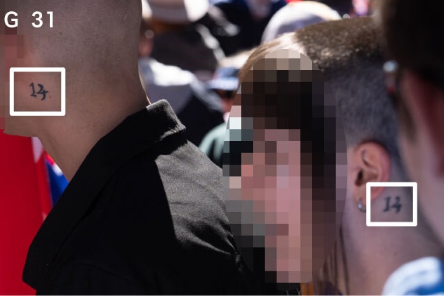 squares around two people with a stylised 14 tattoo.