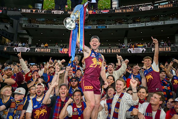 Brisbane star Lachie Neale celebrates after his club’s AFL grand final victory.