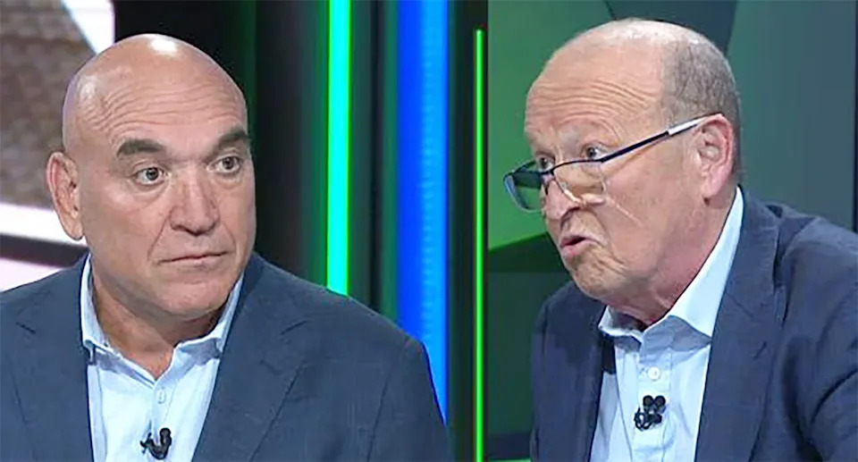 Phil 'Buzz' Rothfield (R) is seen here in a heated discussion with league legend Gorden Tallis (L) on NRL 360. Pic: Fox League