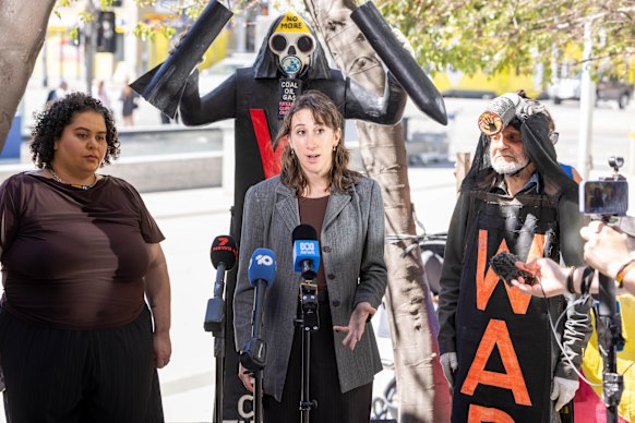Tarneen Onus Browne, Sarah Schwartz and Benny Zable address the media outside the Federal Court.