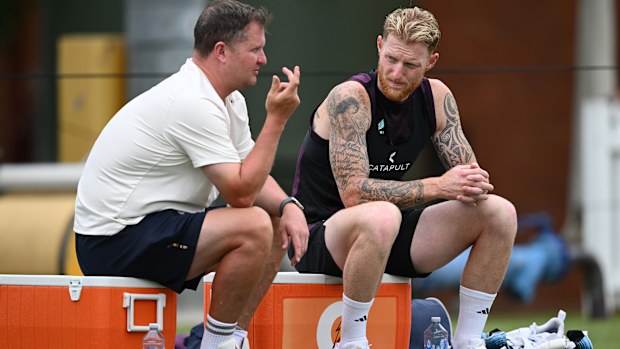 England captain Ben Stokes speaks with director of cricket Rob Key.