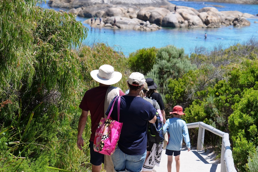 Tourists walk down steps to Greens Pool