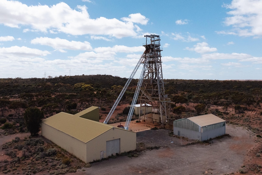 An aerial view of a closed nickel mine headframe.  