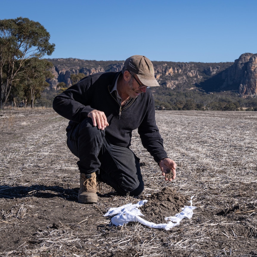 Martin Colbert collecting soil on a rag on a dusty paddock in front of a mountain range