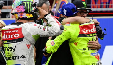 VR46 MotoGP riders Fabio di Giannantonio and Franco Morbidelli celebrate a 2025 Sprint podium.