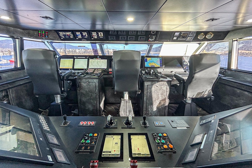 View of large ship's command wheelhouse.