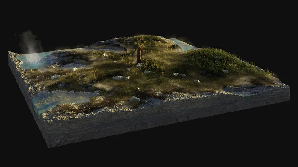 Artist’s impression of what the environment at Rhynie, Aberdeenshire, where the prototaxites fossils were discovered, would have looked like 410 million years ago. (Matt Humpage/PA)