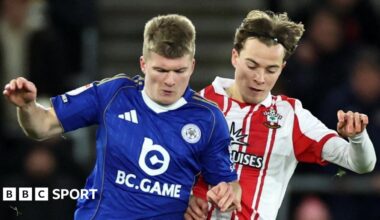 Jordan James of Leicester City (left) in action with Caspar Jander (right) of Southampton