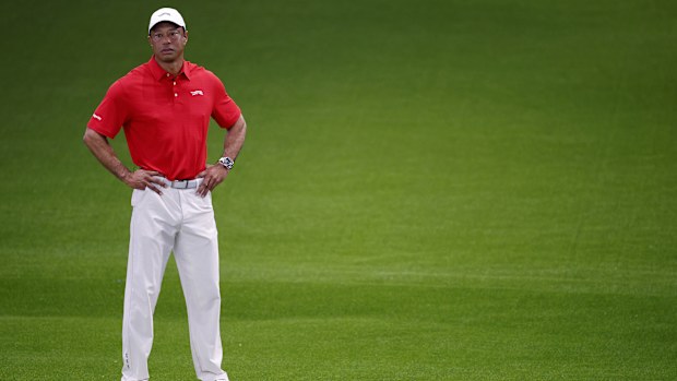 Tiger Woods of Jupiter Links Golf Club looks on from the third green against Los Angeles Golf Club at the SoFi Center on January 20, 2026 in Palm Beach Gardens, Florida. (Photo by Mike Ehrmann/TGL/TGL Golf via Getty Images)