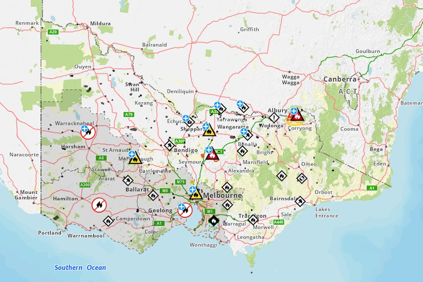 A map of Victoria showing fire warnings.