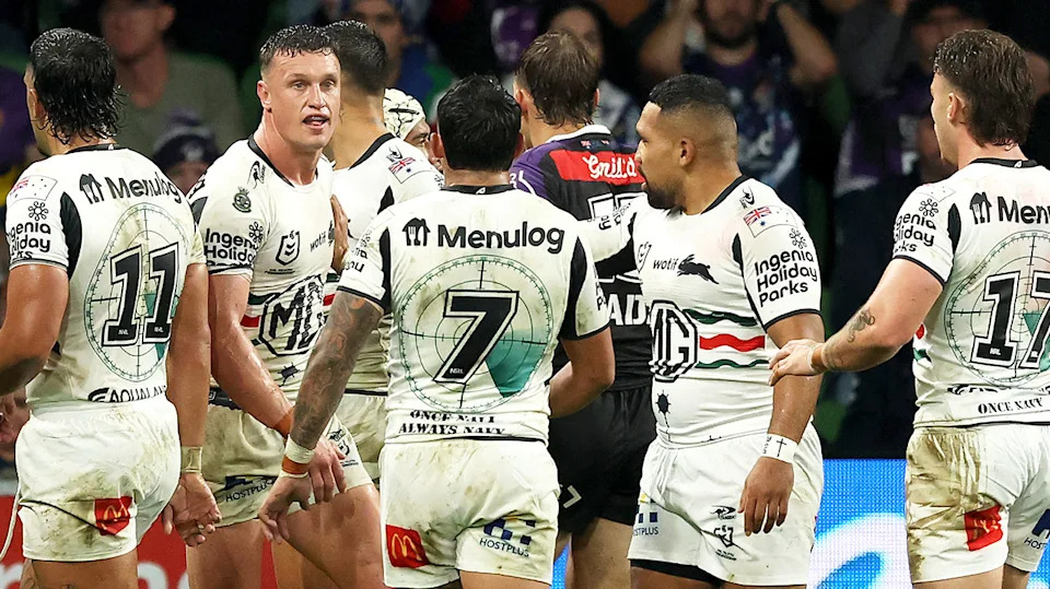 Rabbitohs star Jack Wighton (pictured second from left) has been urged to have a bigger impact in the 2026 after South Sydney brought him over on a four-year deal worth around $4.4 million. (Getty Images)