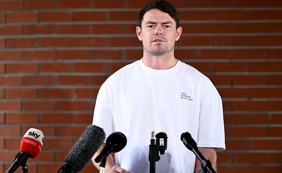 Lachie Neale, pictured here speaking to the media during a Brisbane Lions press conference.