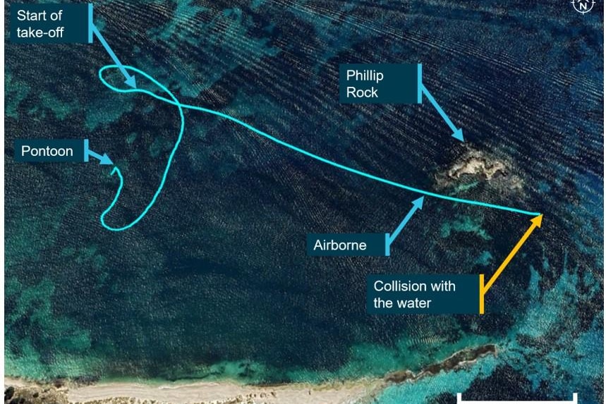 An aerial shot of the water off Rottnest, with lines marked charting a fatal plane crash.