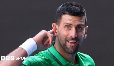 Novak Djokovic jokes with the crowd in a practice session at the 2026 Australian Open
