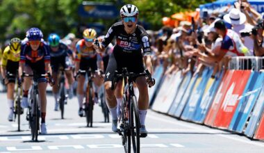 WILLUNGA, AUSTRALIA - JANUARY 17: Ally Wollaston of New Zealand and Team FDJ United - SUEZ celebrates at finish line as stage winner during the 10th Santos Women&amp;apos;s Tour Down Under 2026, Stage 1 a 137.4km stage from Willunga to Willunga 134m / #UCIWWT / on January 17, 2026 in Willunga, Australia. (Photo by Con Chronis/Getty Images)