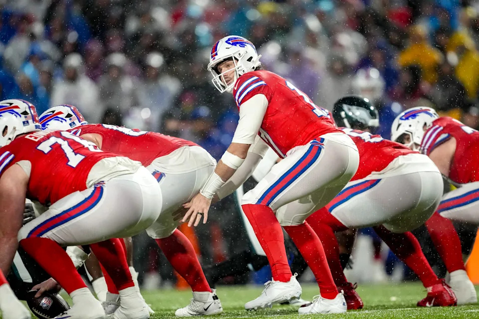 Josh Allen of the Buffalo Bills looks on at the line of scrimmage during the game against the Philadelphia Eagles at Highmark Stadium on December 28, 2025 in Orchard Park, New York. (Photo by Nic Antaya/Getty Images)
