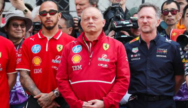 Lewis Hamilton, Fred Vasseur and Christian Horner face the camera expressionless with their arms by their side