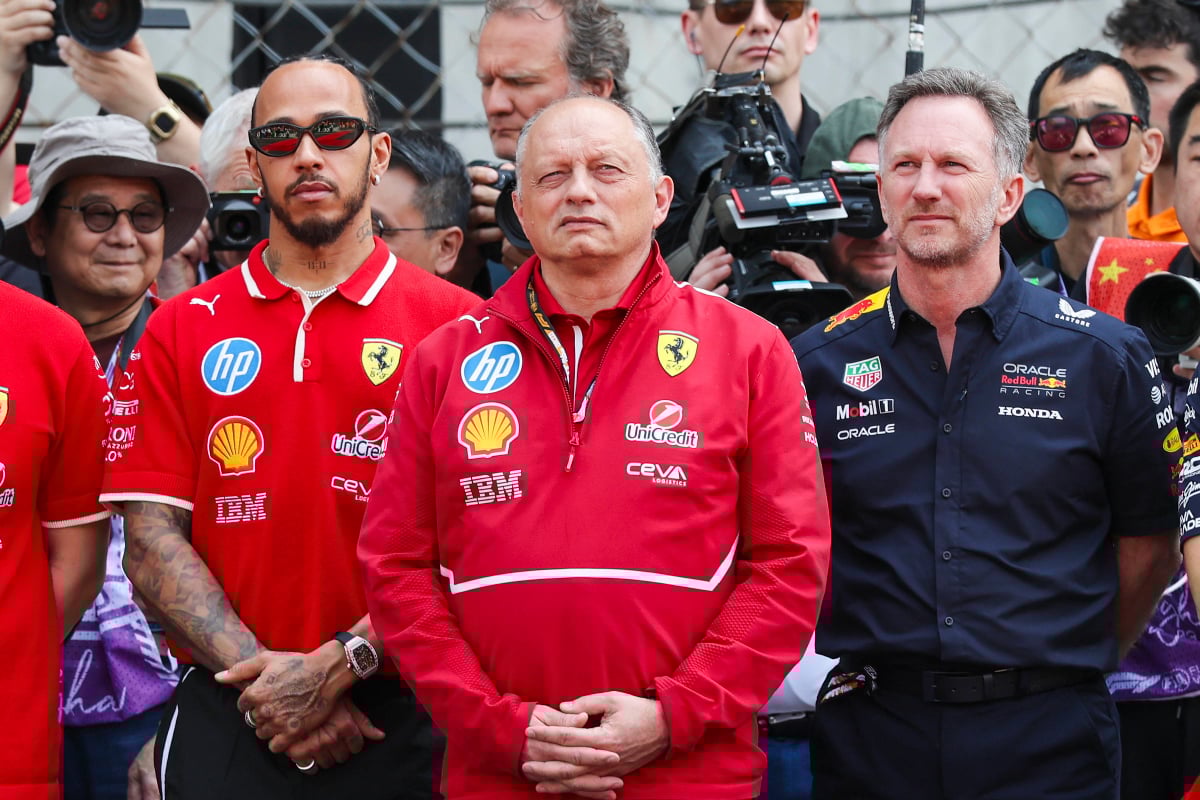 Lewis Hamilton, Fred Vasseur and Christian Horner face the camera expressionless with their arms by their side