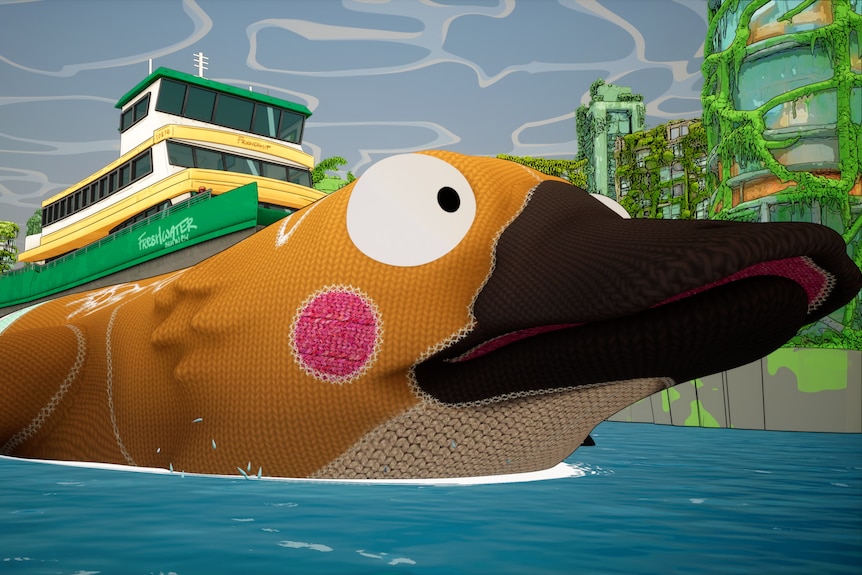 A film still of an animated giant platypus swimming through a river, with a green and yellow ferry on its back.