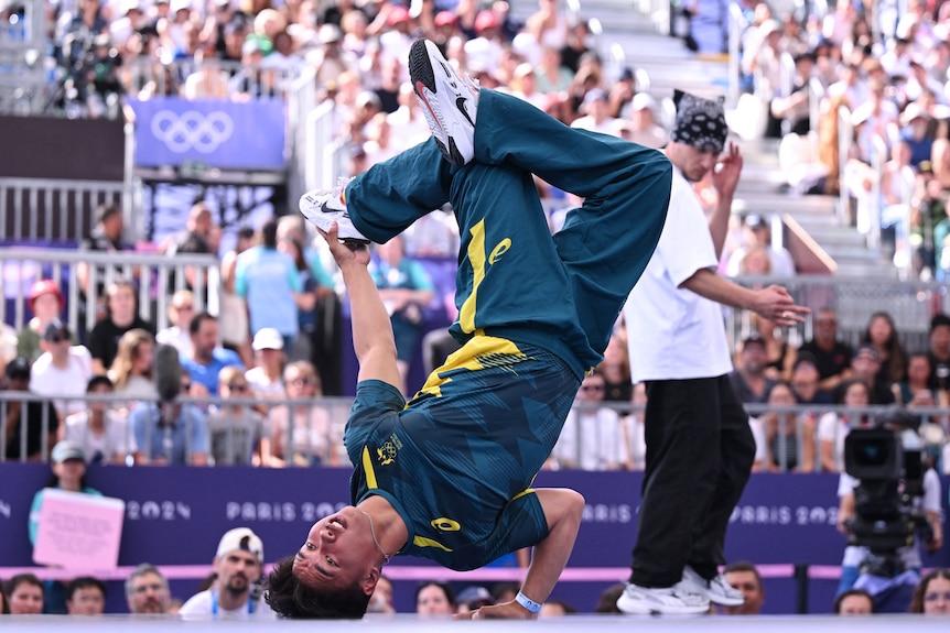 Australian breakdancer Jeff 'J-Attack' Dunne competing at the 2024 Olympics.