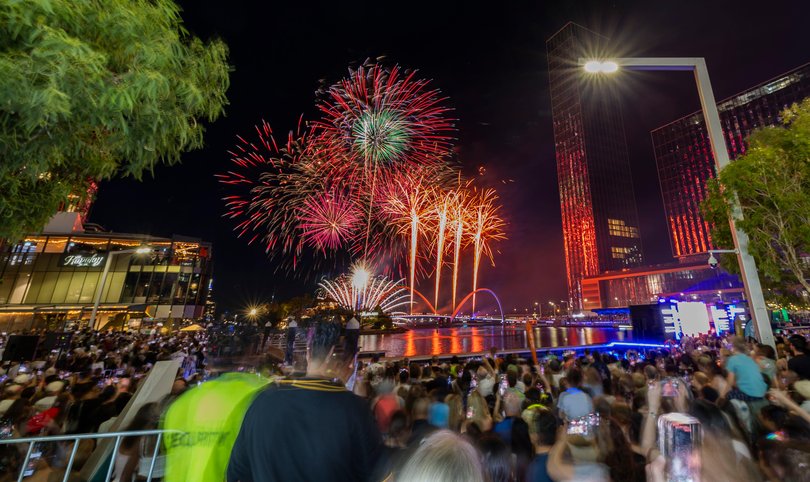 Large crowds gathered to watch the New Years Eve firework display at Elizabeth Quay in Perth. and see in 2026. Picture: Gary Ramage