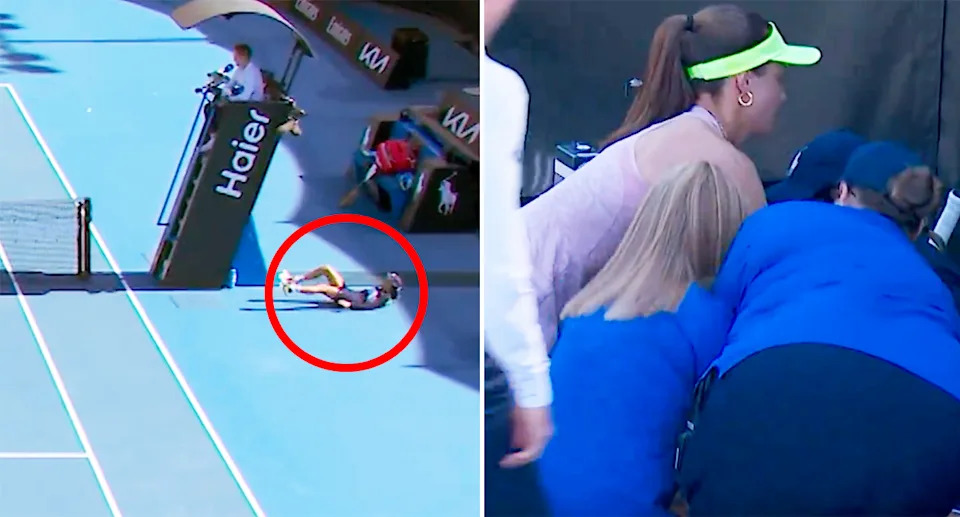 Zeynep Sonmez, pictured here rushing to help the Australian Open ball girl.