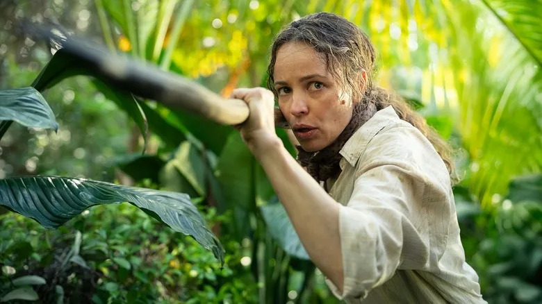 Rachel McAdams as Linda holding a big stick in Send Help