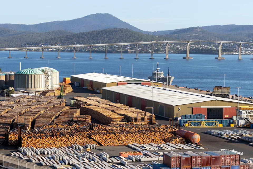Logs piled up at a harbour in Hobart, Tasmania.