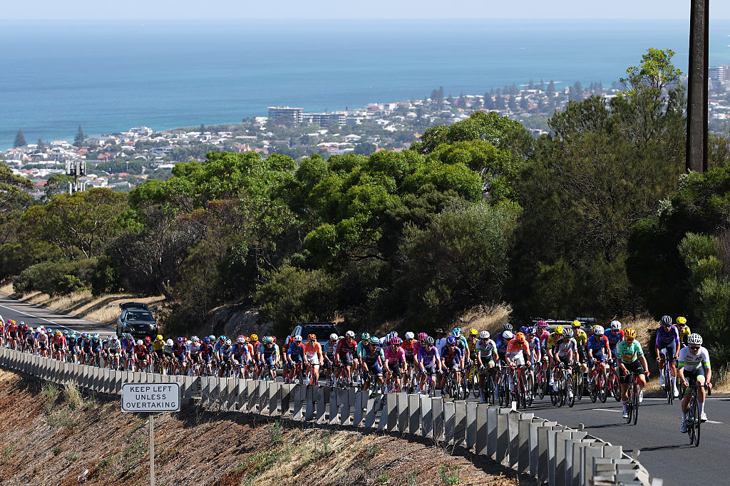 WILLUNGA, AUSTRALIA - JANUARY 24: A general view of the peloton passing through a landscape during the 26th Santos Tour Down Under 2026, Stage 4 a 130.8km stage from Brighton to Willunga / #UCIWT / on January 24, 2026 in Willunga, Australia. (Photo by Con Chronis/Getty Images)