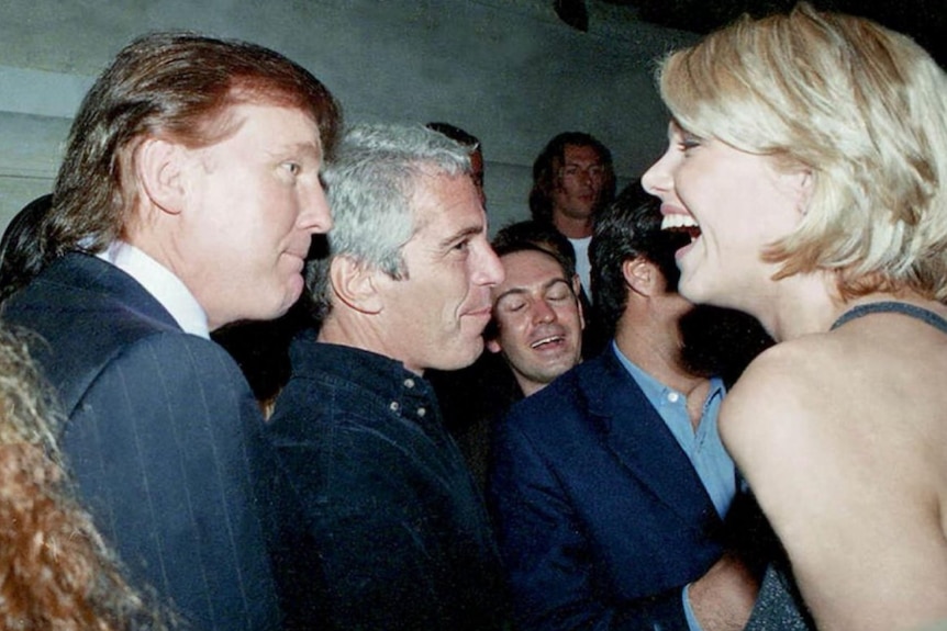 A younger Donald Trump is pictured with Jeffrey Epstein speaking to a woman.