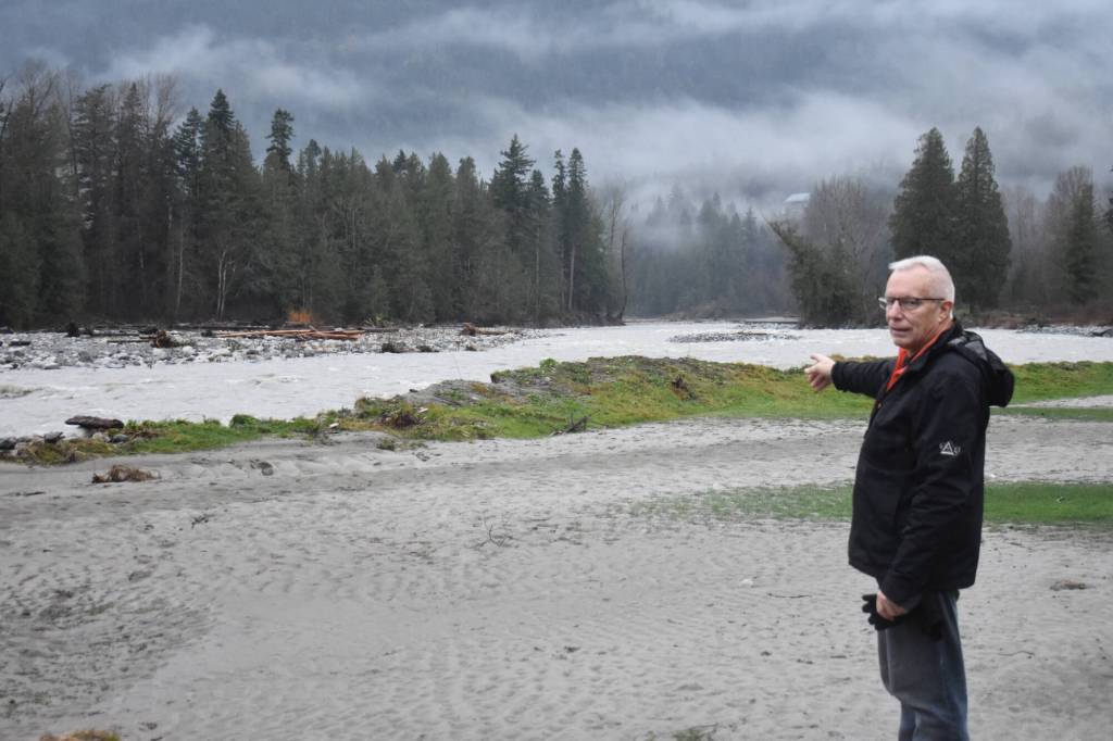 Steve Wilson, the president of the Hope Golf & Country Club Society, explaining the damage done to the golf course after the Coquihalla River washed away part of the it and formed a second channel through it on Dec. 10, 2025. He spoke with council about repairs during the Jan. 12, 2026 council meeting. (Kemone Moodley/Hope Standard)