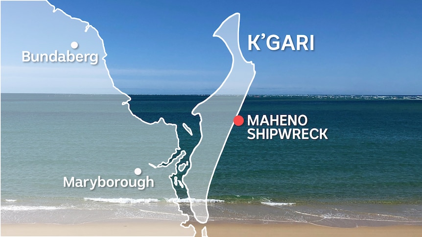 A location map with Bundaberg, Maryborough, K'gari and the Maheno shipwreck.
