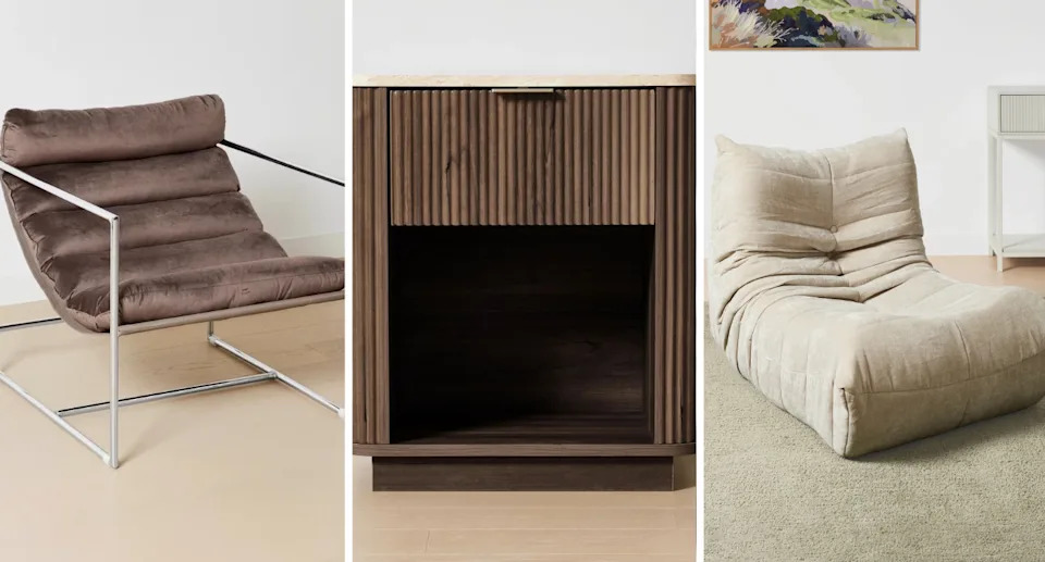 The Aleks Occasional Chair, Claire Marble-Look Bedside Table, and Goldie Compressed Lounge Chair