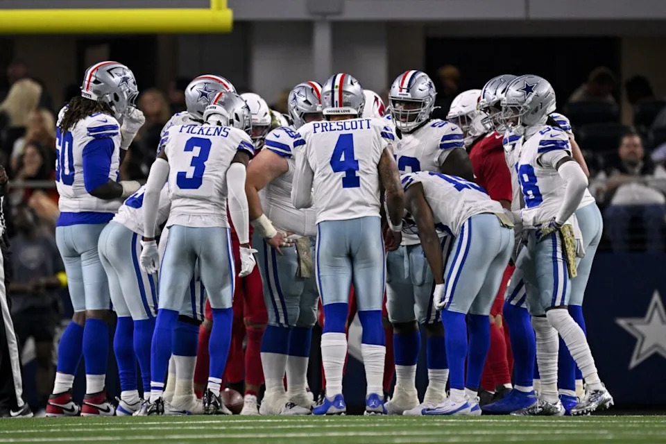 Nov 3, 2025; Arlington, Texas, USA; Dallas Cowboys quarterback Dak Prescott (4) huddles with the offense during the game between the Dallas Cowboys and the Arizona Cardinals at AT&T Stadium. Mandatory Credit: Jerome Miron-Imagn Images