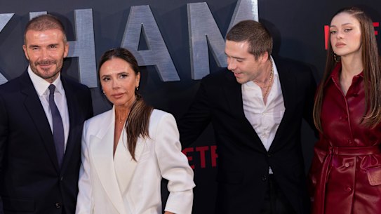 David Beckham, Victoria Beckham, Brooklyn Beckham and Nicola Peltz at the premiere of the Netflix docuseries “Beckham” in London on October 3, 2023. Brooklyn alleged this week that his parents had tried to control his life and ruin his marriage.