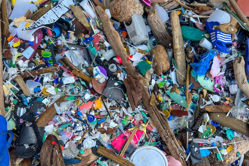 A pile of plastics and sticks, including bottle caps and shoes.