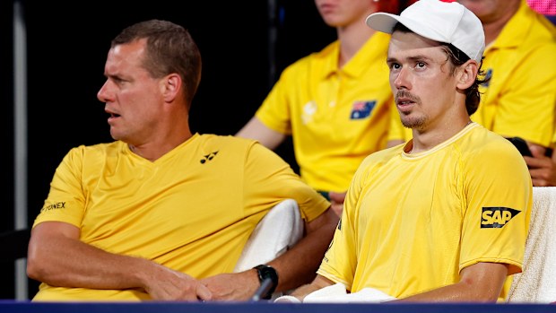 Alex de Minaur and Lleyton Hewitt of Australia chat between games in the Quarter-Final Men's Match against Hubert Hurkacz of Poland during the United Cup at Ken Rosewall Arena on January 09, 2026 in Sydney, Australia. (Photo by Brendon Thorne/Getty Images)