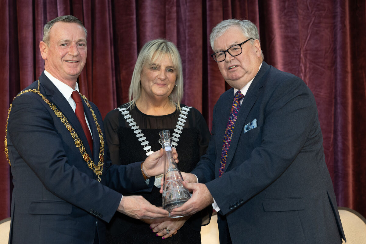 Joe Duffy, recipient of the honorary Cork person award, with the Lord Mayor of Cork, councillor   Fergal Dennehy, and Mayor of County Cork councillor  Mary Linehan Foley. Picture: Darragh Kane