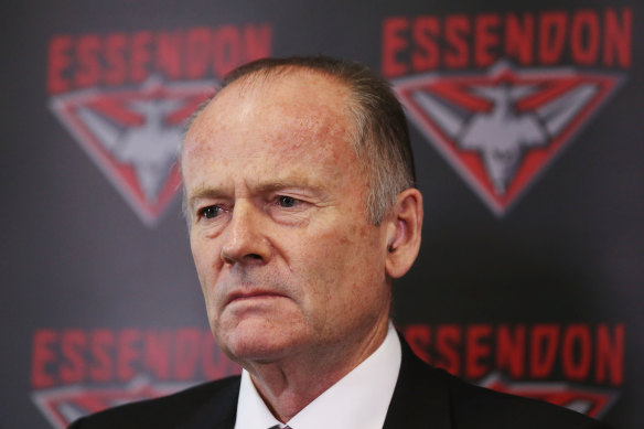 Then-Essendon president Lindsay Tanner on the day the players were suspended.