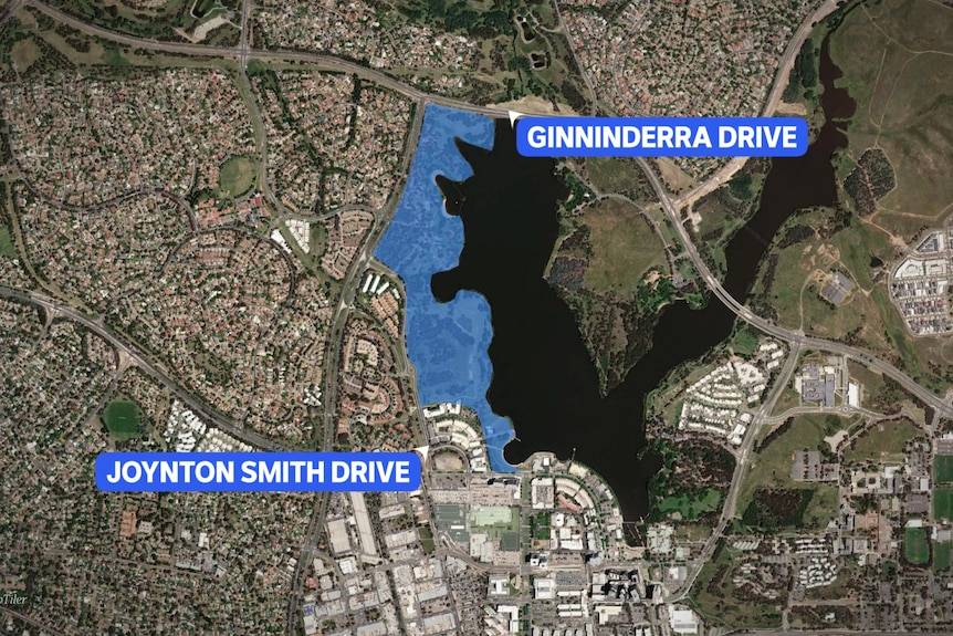 An aerial map showing a highlighted section of footpath around a lake.