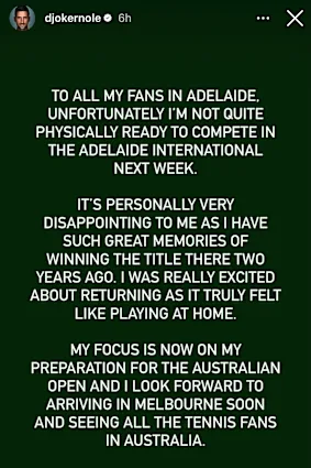 Novak Djokovic’s post to his Instagram story.